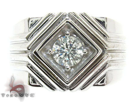 White gold men's solitaire ring with square diamond and geometric layered band