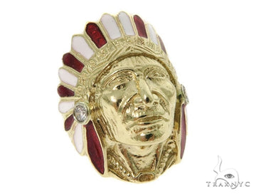 14k gold men's ring with enamel Indian head design and bezel-set diamonds, top-down view