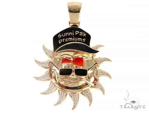 Custom yellow gold sunburst pendant with prong-set diamond cluster and enamel detailing, front face angle