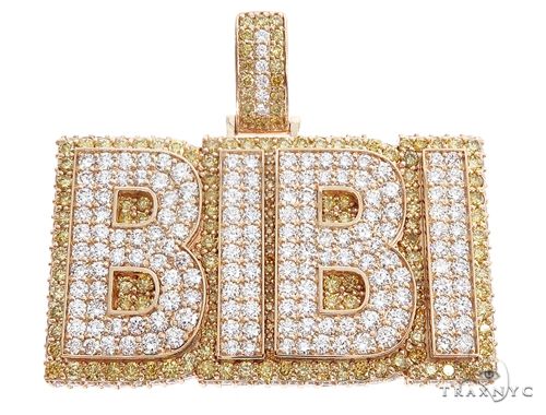 Custom yellow gold name pendant with prong-set diamonds spelling BIBI, front-facing view