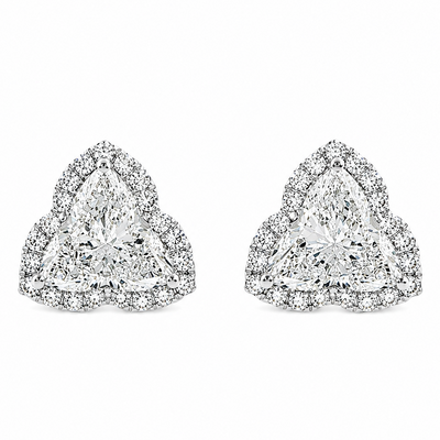Triangular cluster diamond stud earrings with special cut and halo setting.