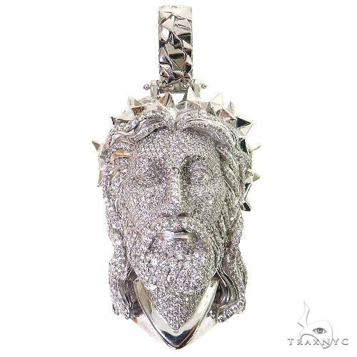 White gold Jesus head pendant with diamond spikes crown and detailed textured face