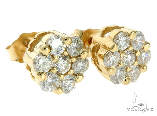 Yellow gold cluster stud earrings with round diamonds in a floral design