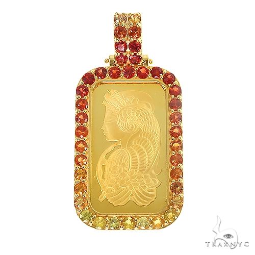 Gold bar pendant in 14k yellow gold – Suisse Pamp 1oz fire bar design, polished rectangular face
