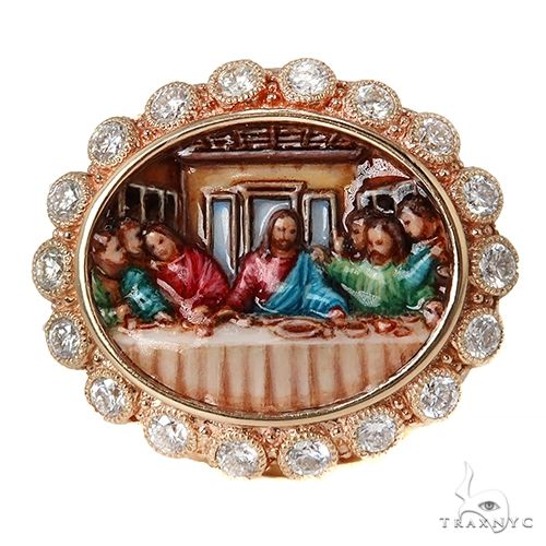 Oval diamond ring featuring The Last Supper enamel artwork in gold-tone setting