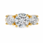 Sophia round three stone lab grown diamond engagement ring in 14K yellow gold with a 2 carat round center diamond, two 0.70 carat round side stones, and a polished 2.00mm band.