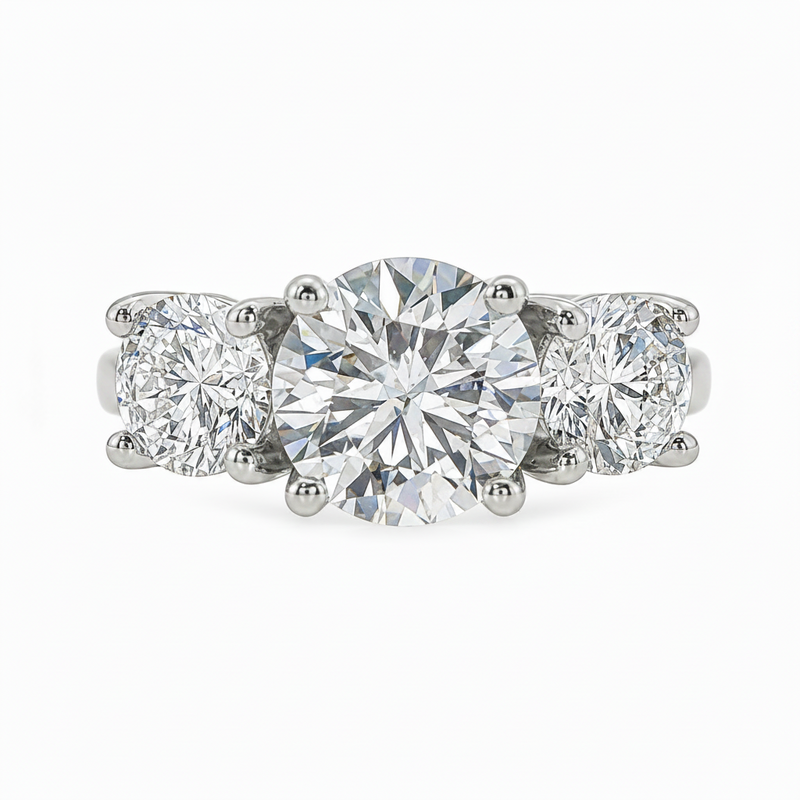 Sophia round three stone lab grown diamond engagement ring in 14K gold with a 2 carat round center diamond, two 0.70 carat round side stones, and a polished 2.00mm band.