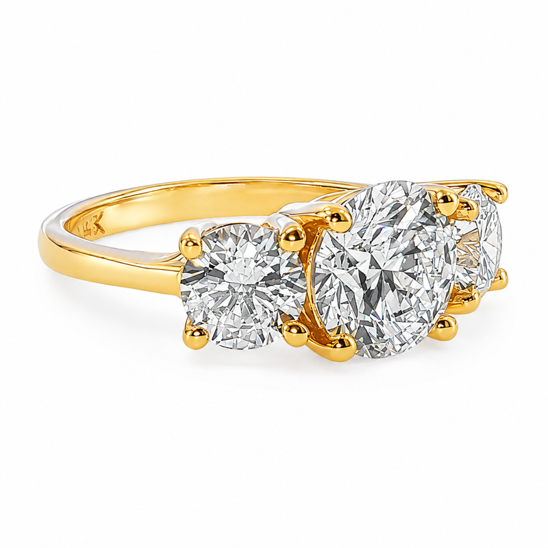 Sophia round three stone lab grown diamond engagement ring in 14K yellow gold with a 2 carat round center diamond, two 0.70 carat round side stones, and a polished 2.00mm band.