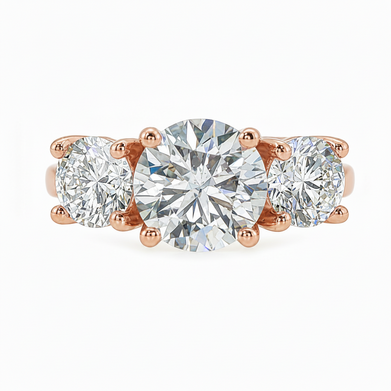 Sophia round three stone lab grown diamond engagement ring in 14K gold with a 2 carat round center diamond, two 0.70 carat round side stones, and a polished 2.00mm band.