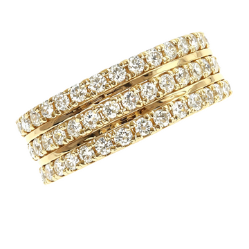 Yellow gold three-row wedding band with round diamonds in a continuous pave setting.