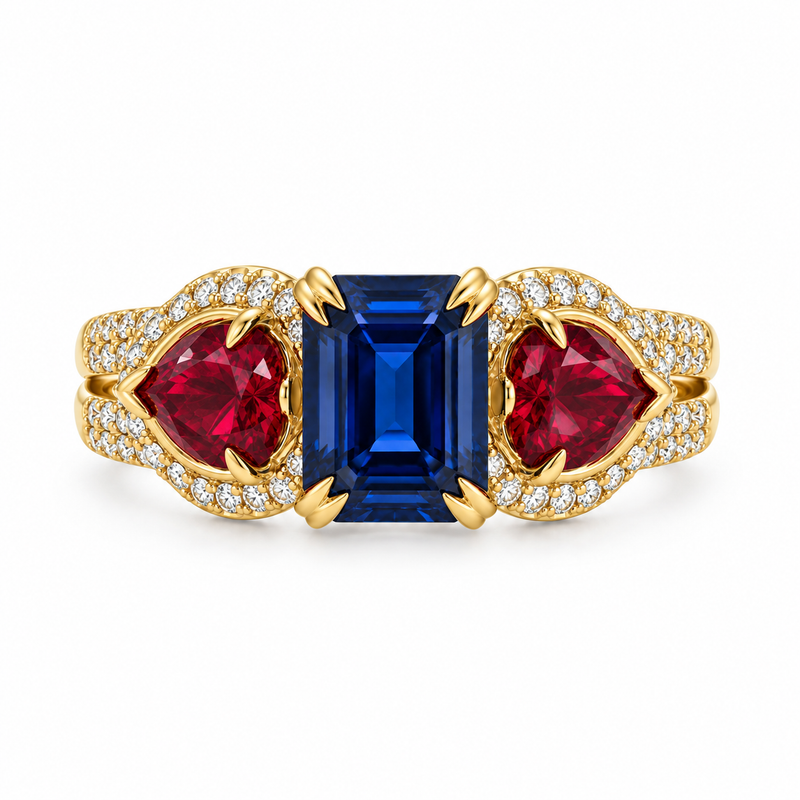 Three Stone Sapphire Ruby & Diamond Ring