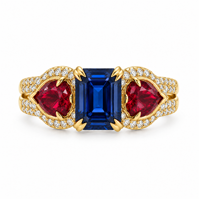 Three Stone Sapphire Ruby & Diamond Ring