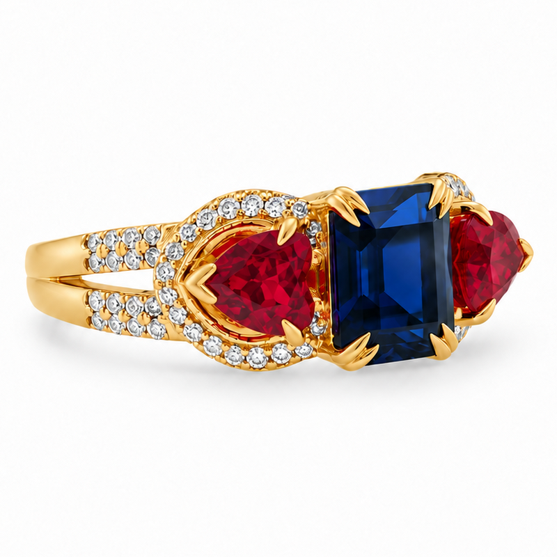 Three Stone Sapphire Ruby & Diamond Ring, view 4