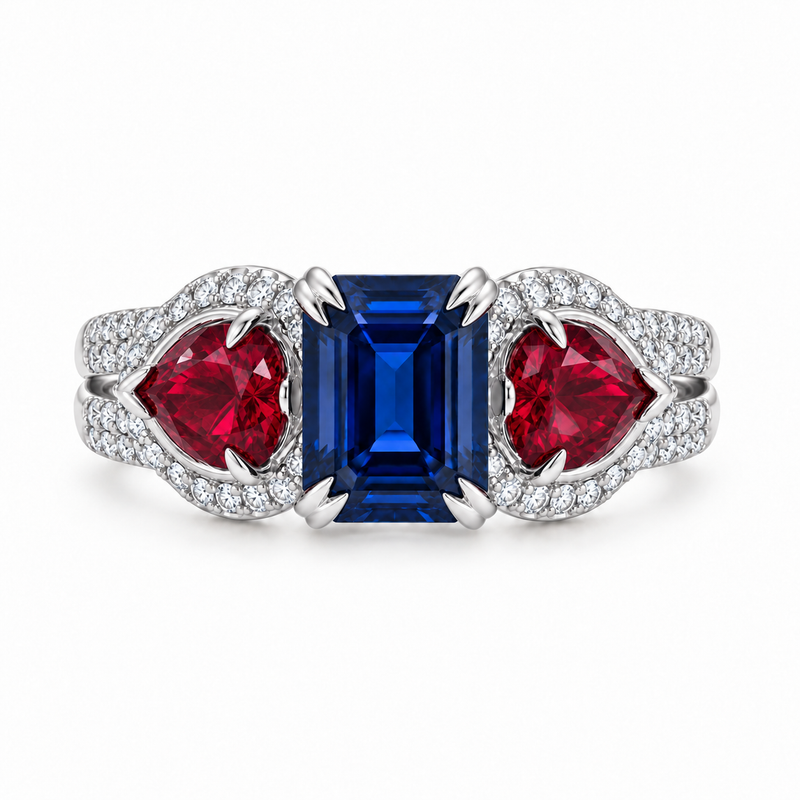 Three Stone Sapphire Ruby & Diamond Ring, view 2