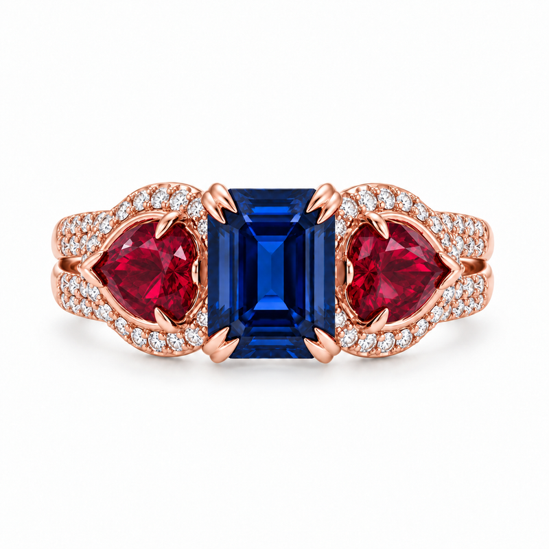 Three Stone Sapphire Ruby & Diamond Ring, view 3