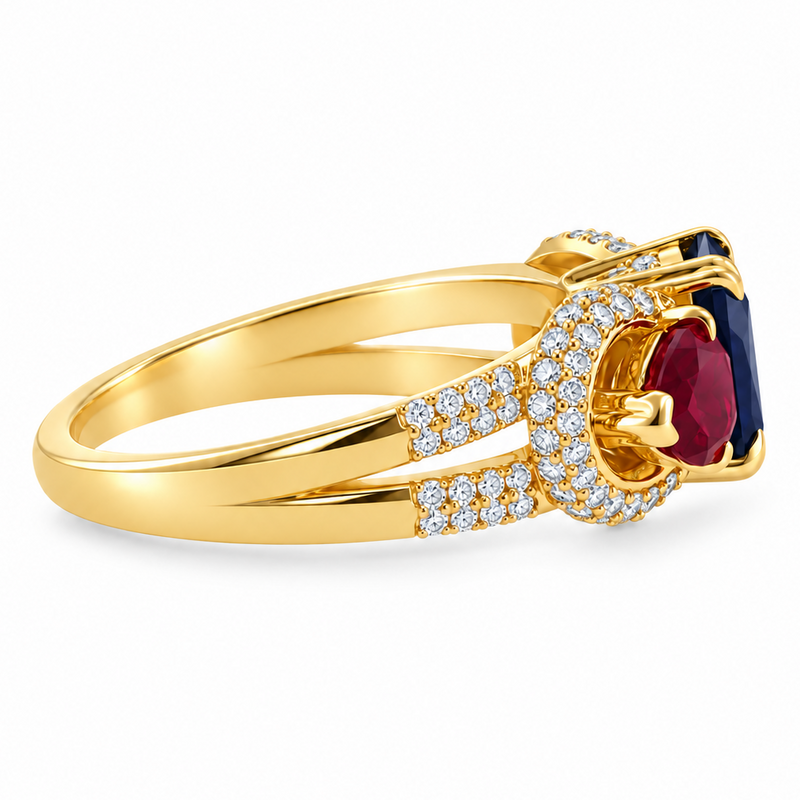 Three Stone Sapphire Ruby & Diamond Ring, view 5