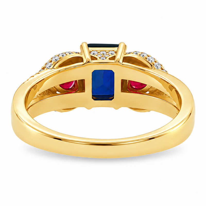 Three Stone Sapphire Ruby & Diamond Ring, view 6
