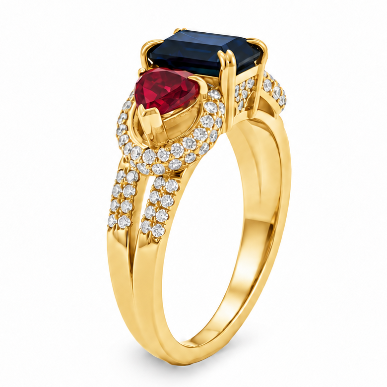 Three Stone Sapphire Ruby & Diamond Ring, view 7