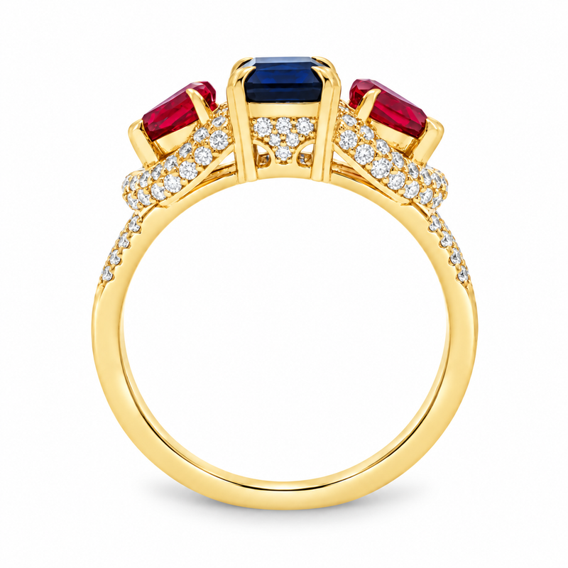 Three Stone Sapphire Ruby & Diamond Ring, view 8