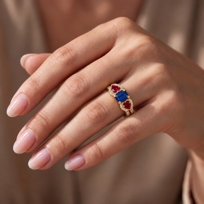 Three Stone Sapphire Ruby & Diamond Ring, view 9