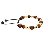 Adjustable men's bracelet with polished tiger eye and textured gold beads on black cord.