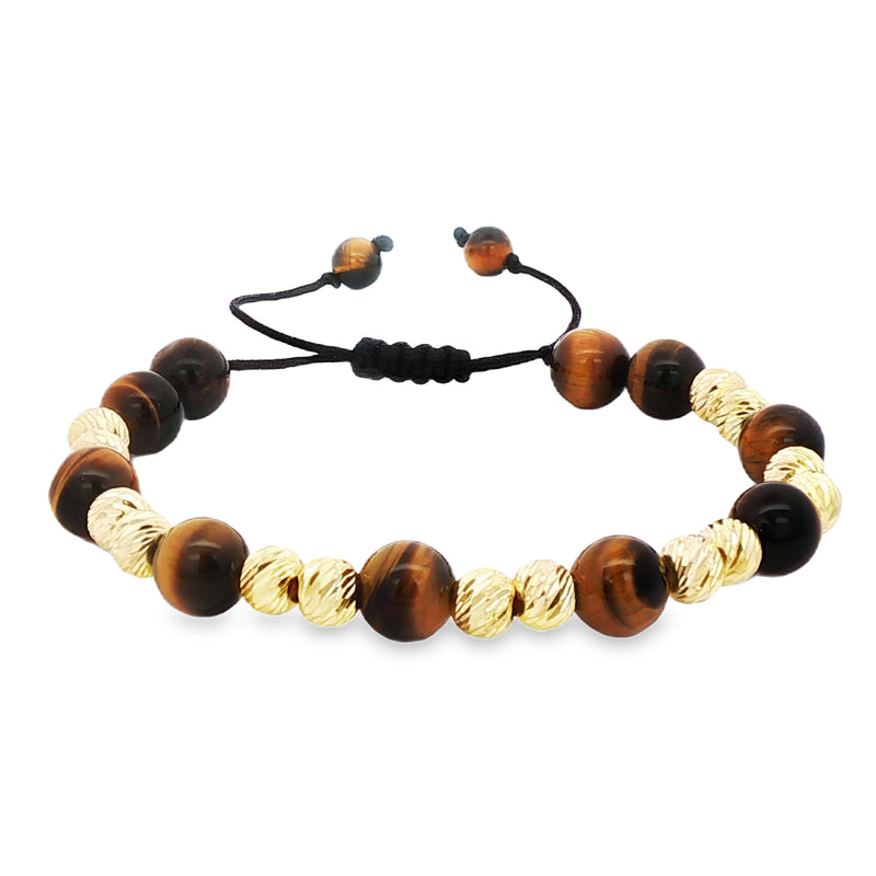 Adjustable men's bracelet with polished tiger eye and textured gold beads on black cord.