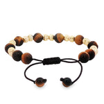 Adjustable men's bracelet with polished tiger eye and textured gold beads on black cord.