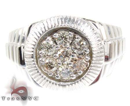Silver men's solitaire ring with textured band and clustered round diamonds centerpiece