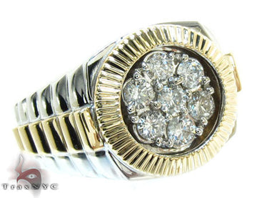 Two-tone gold men's solitaire ring with round diamond cluster and ridged watch-style bezel