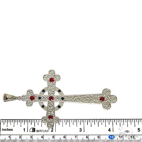 925 silver men's cross pendant with halo design and red and blue gemstone accents