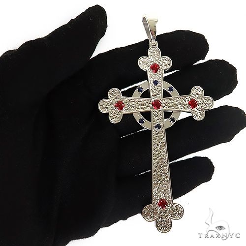 925 silver men's cross pendant with red gem accents and intricate engraved details