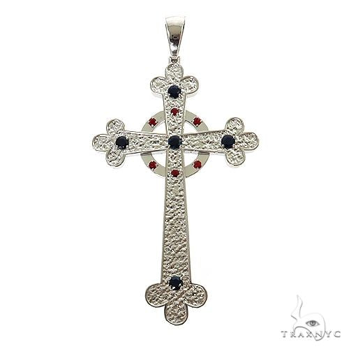 925 silver men's cross pendant with black and red stone accents and textured finish