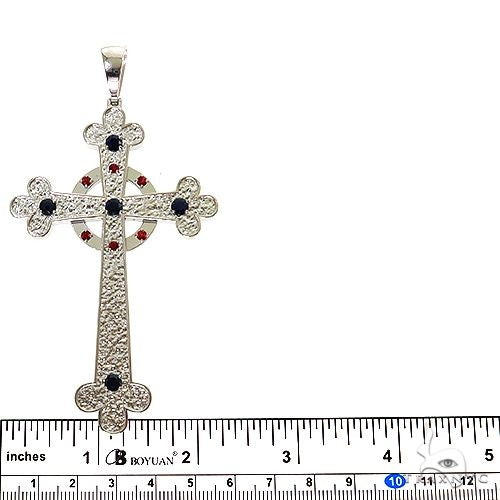 925 silver men's cross pendant with intricate filigree and black and red gemstone accents