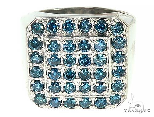 Square white gold men's ring with multiple blue diamonds set in rows