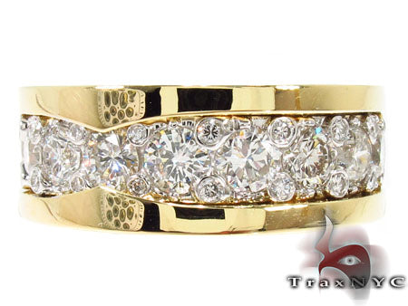 Men's yellow gold band ring with a wide diamond-studded center row