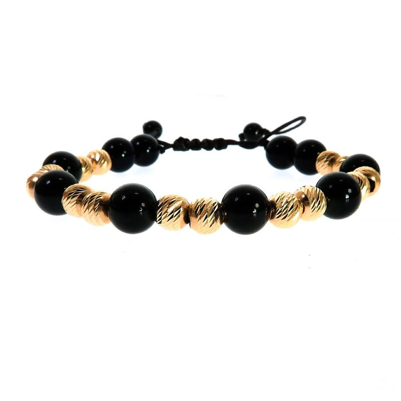 14K gold and black bead double bead adjustable men's bracelet with woven black cord
