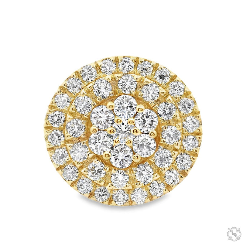 Yellow gold men's cluster ring with multiple round sparkling diamonds