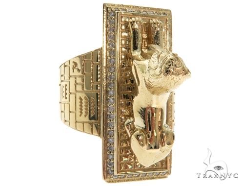Custom sculpted Great Sphinx of Giza diamond ring in yellow gold – front three-quarter view showing figural relief detail