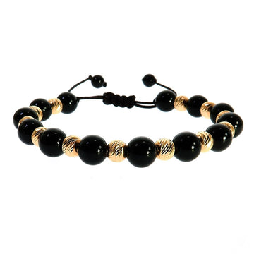 14K gold and black bead adjustable men's bracelet with textured gold accents and black cord closure.