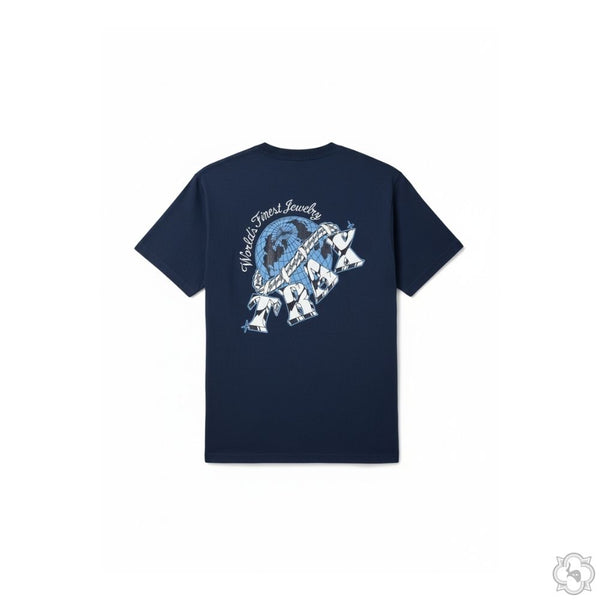 Navy TraxNYC T-shirt with white graphic and text on back, short sleeves, crew neck.
