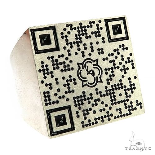 Square silver ring with black QR code design and geometric corner accents