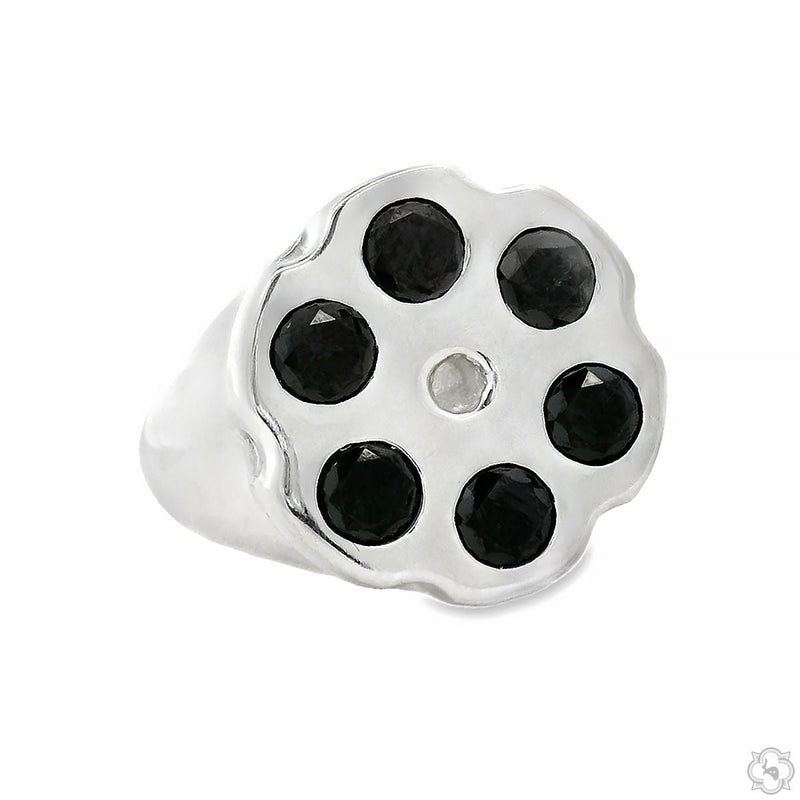 Mens black diamond silver revolver ring – sculptural top view showing stone setting and silhouette
