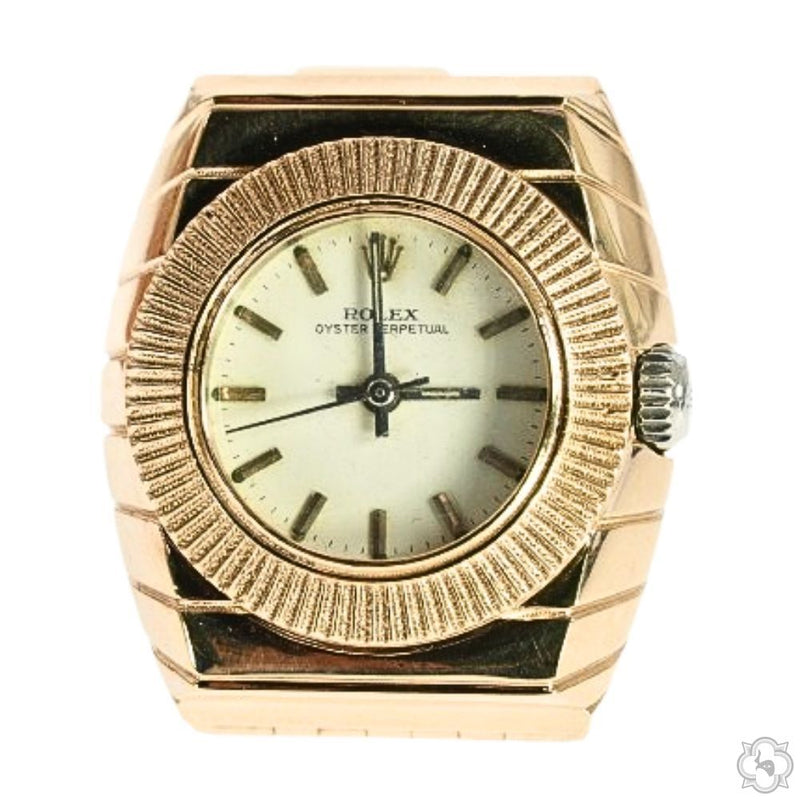 Rose gold Rolex watch holder ring with fluted bezel and white dial