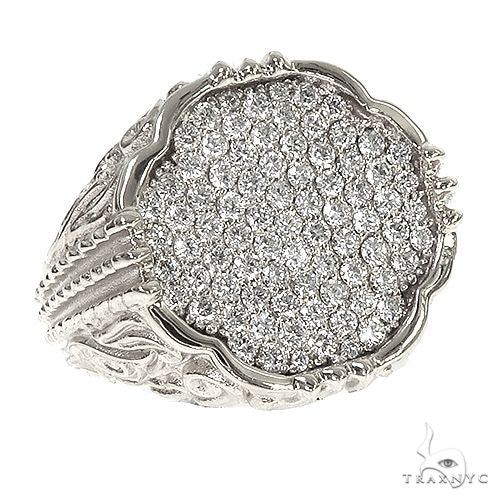Silver men's diamond ring with round pavé-set stones and intricate band detailing
