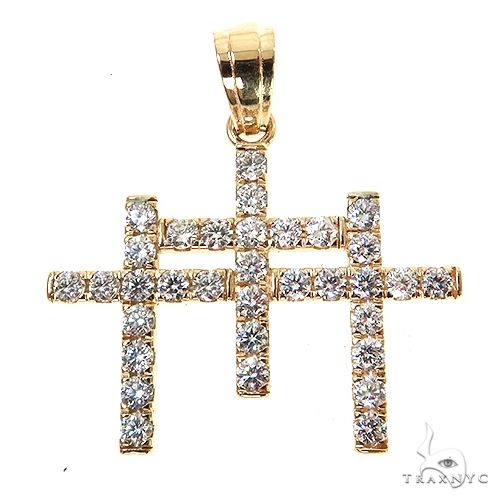 Yellow gold triple cross pendant encrusted with round diamonds on polished setting