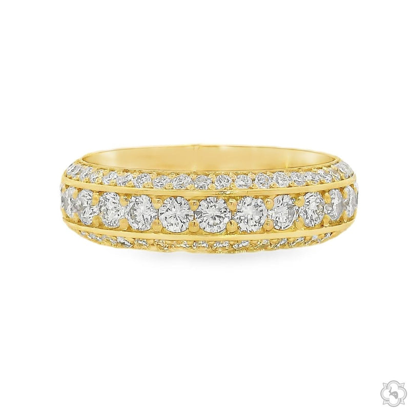 Triple row diamond eternity band in yellow gold — three rows of round-cut diamonds set across full circumference