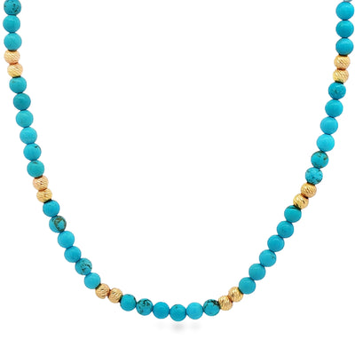 Turquoise bead necklace with spaced small gold beads and a gold clasp closure.
