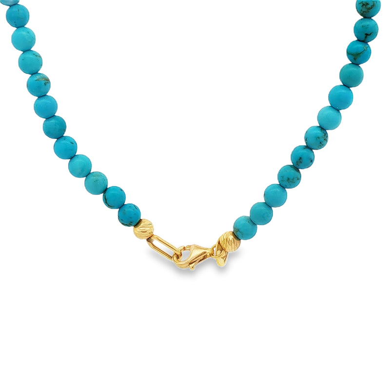 Turquoise bead necklace with polished gold clasp and small gold bead accents.