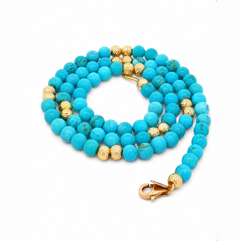 Turquoise round beads and textured gold beads necklace with gold clasp, layered style.