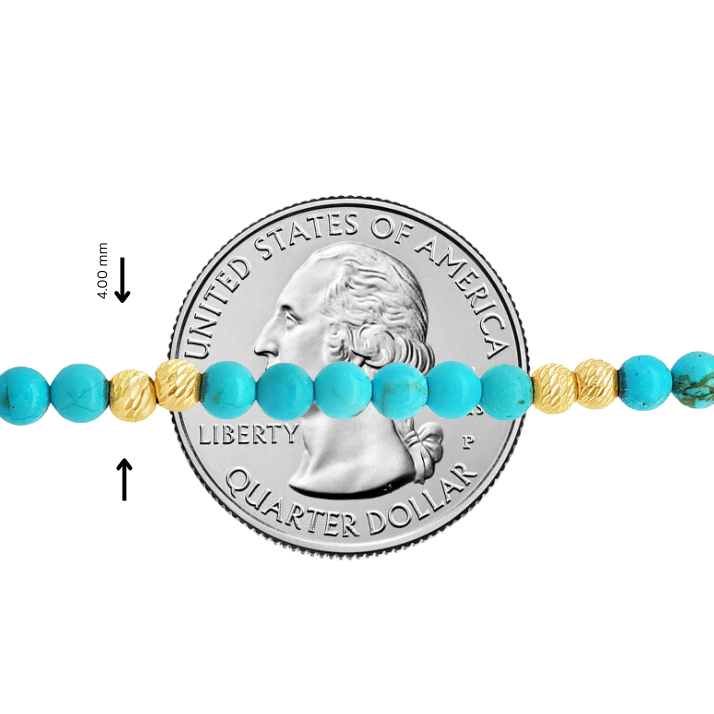 Turquoise beads with textured gold spherical beads necklace segment next to US quarter for scale.